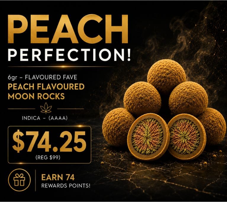 King Tut’s Cannabis Peach Perfection promotion featuring 6g Peach Flavoured Moon Rocks, AAAA indica, for $74.25, regularly $99. Earn 74 rewards points.