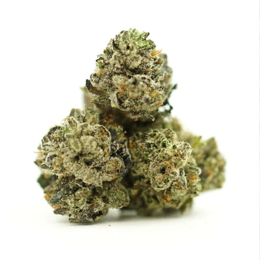 chunky monkey close-up image of cannabis bud with frosty trichomes on a crisp white background
