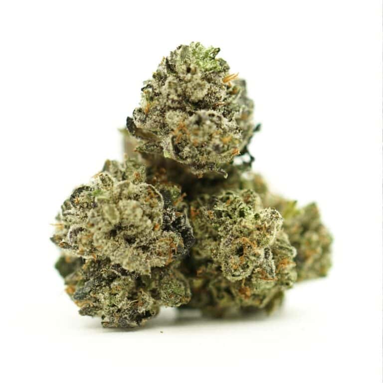 chunky monkey close-up image of cannabis bud with frosty trichomes on a crisp white background