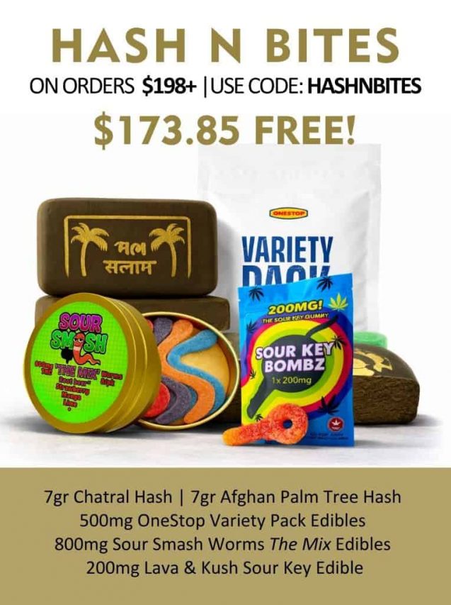 Hash N Bites edibles assortment featuring gummies, chocolate bars, and cannabis-infused treats with promotional offer banner
