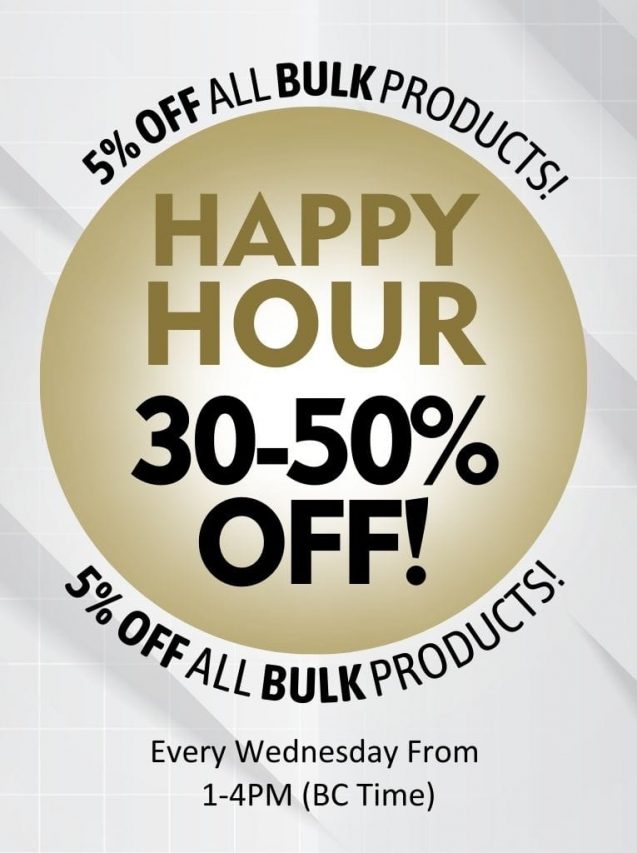 Promotional banner for Happy Hour offering 30–50% off all bulk products every Wednesday from 1–4 PM BC time.