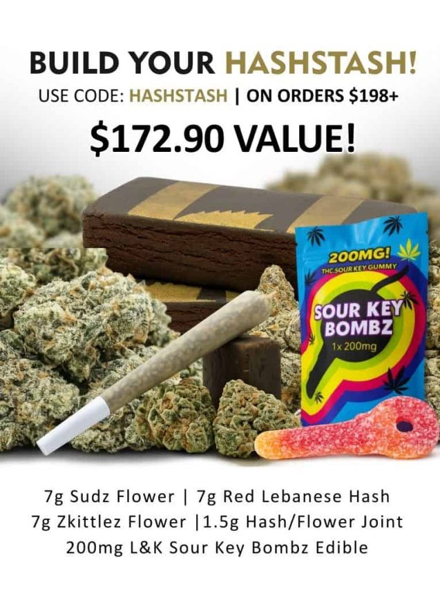 Build Your Hashstash cannabis bundle promotion featuring mixed premium flower and infused gummies with $172.90 value offer using code HASHSTASH.