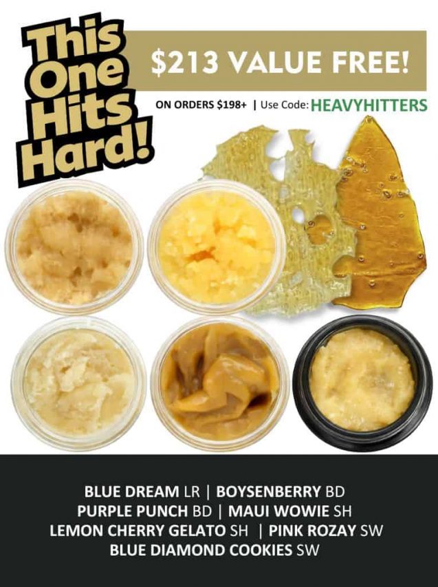 Promotional banner advertising a free $213 value on orders over $198, featuring cannabis concentrates and flower with a yellow and black design.