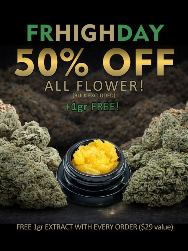 Promotional cannabis banner advertising Frhighday 50% off all flower, featuring cannabis buds, a concentrate jar, and text noting free 1g extract with every flower order.