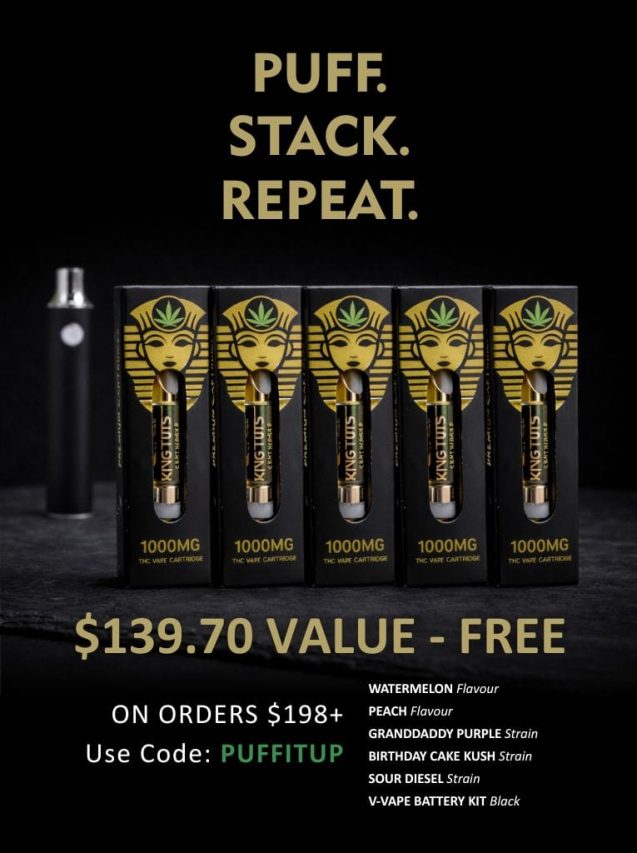 Promotional graphic showing five King Tuts 1000mg THC vape cartridges in black and gold packaging with the text “Puff. Stack. Repeat.” and an offer for a free $139.70 value on orders over $198 using code PUFFITUP, alongside listed flavours and a black vape battery.
