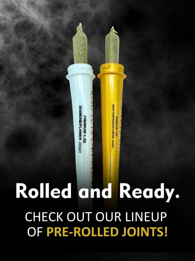 Promotional banner reading “Rolled and Ready. Check out our lineup of pre-rolled joints” with two pre-roll tubes in white and yellow against a smoky dark background.