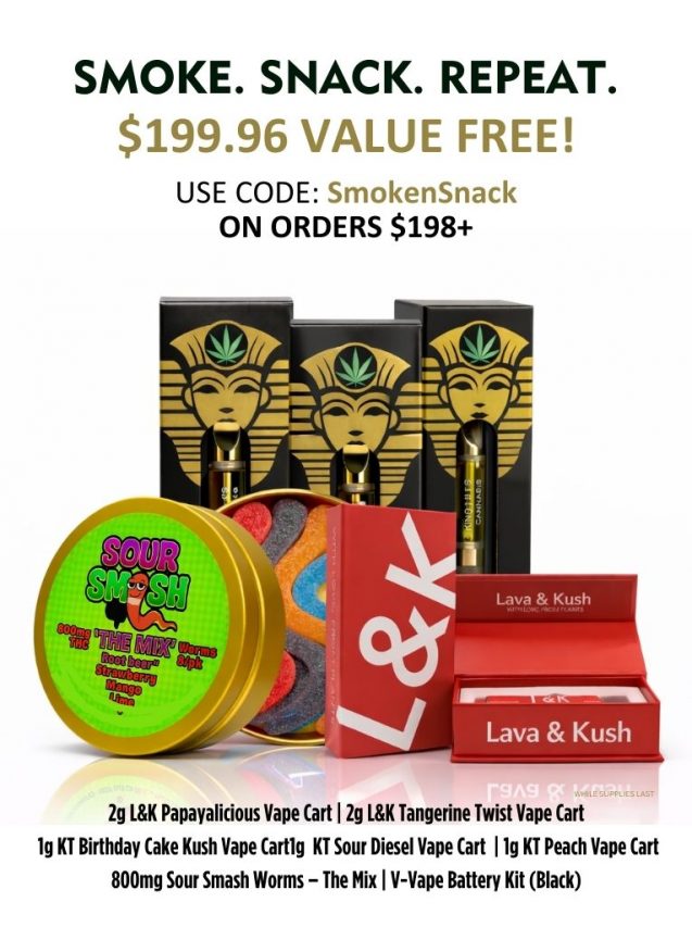 Smoke Snack Repeat promotion banner showing grinder, rolling papers, snack items and free gift offer on orders over $198 with coupon code.