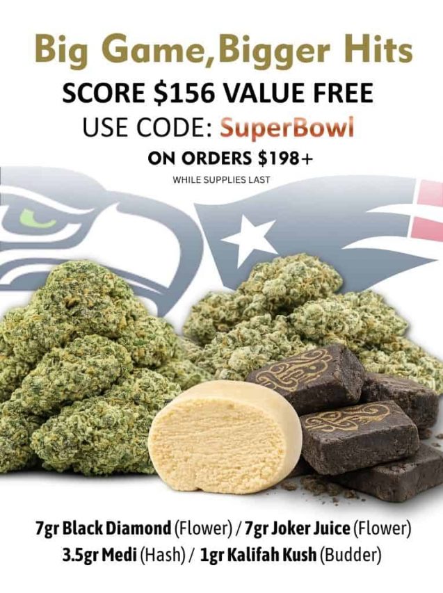 Promotional cannabis bundle graphic featuring multiple cannabis products with text reading “Big Game, Bigger Hits” and a Super Bowl discount code offer.