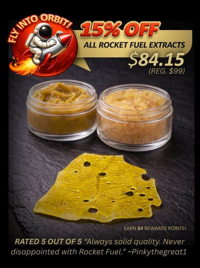 Promotional banner advertising 15% off all Rocket Fuel cannabis extracts, featuring concentrate jars on a dark background with pricing details.