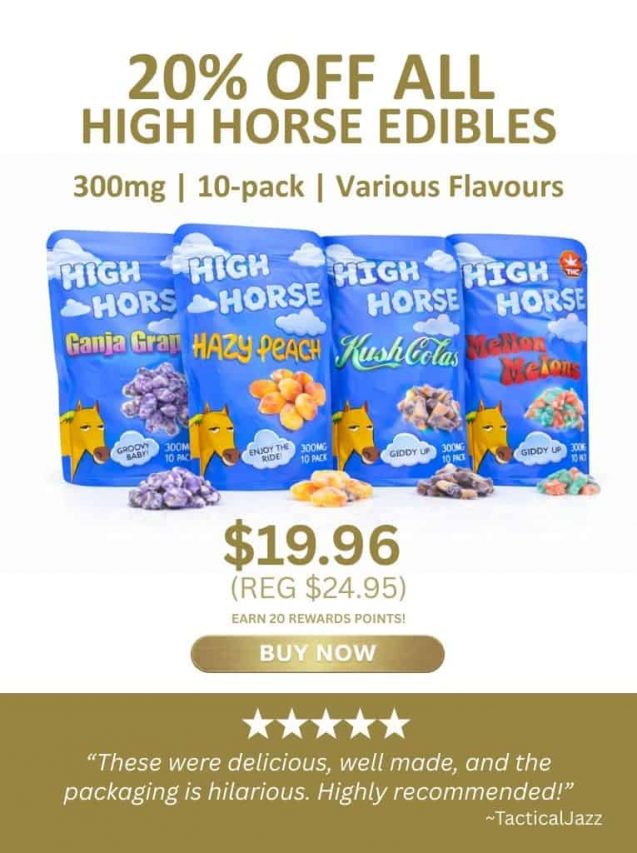 High Horse cannabis edibles promotion banner showing assorted candy bites packs with 20 percent off pricing and product details displayed