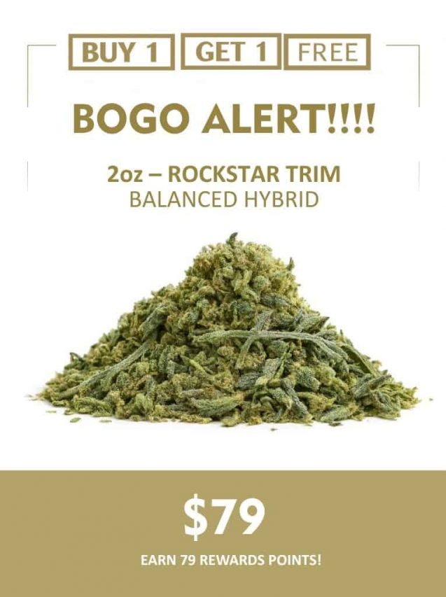 Rockstar Trim balanced hybrid cannabis with loose green trim pile on a light background, featuring pricing and buy one get one free promotion