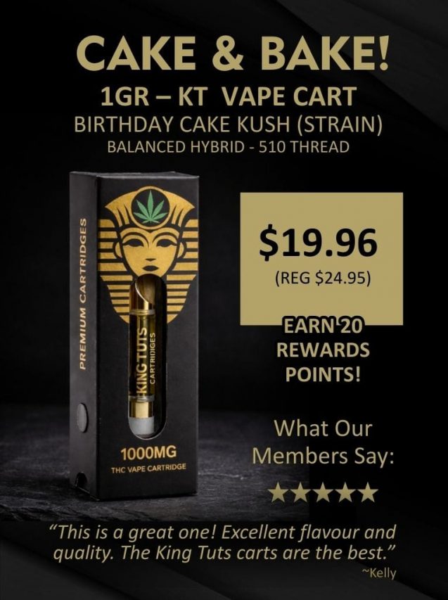 Promotional banner for 1g Birthday Cake Kush THC vape cartridge priced at $19.96 (reg $24.95), featuring black and gold packaging with “Cake & Bake” headline.