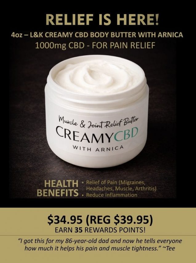 CreamyBC cannabis topical relief cream promotion, 4000mg CBD for muscle and joint relief, sale price $34.95.