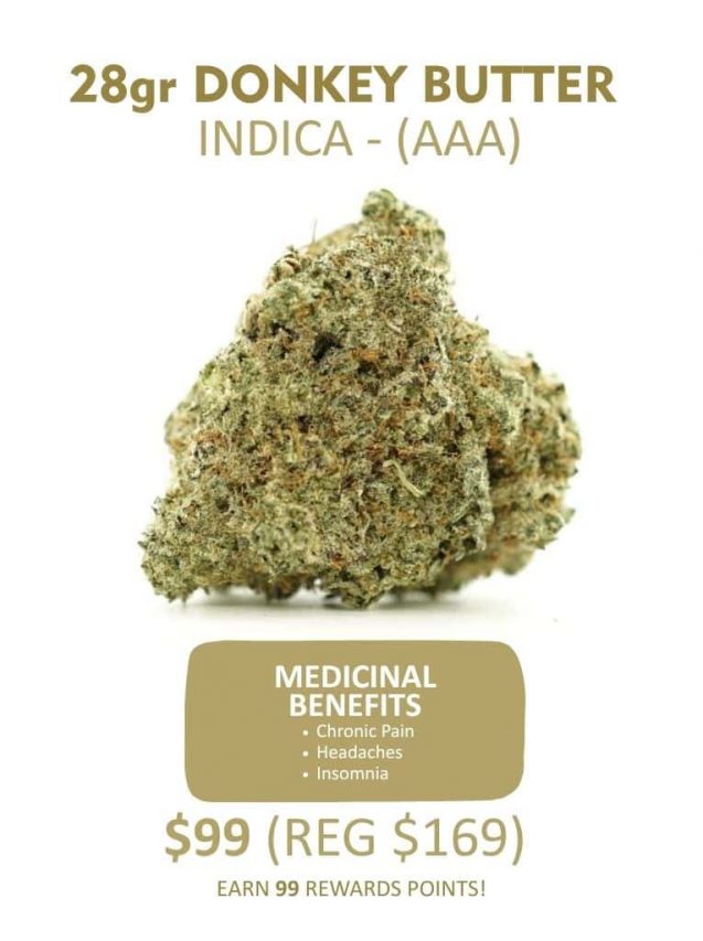 Donkey Butter indica cannabis flower (AAA) 28g product image with dense bud, pricing, and listed medicinal benefits on white background