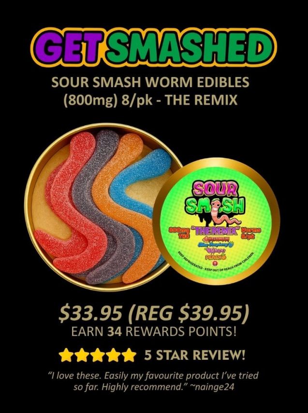 Get Smashed Sour Smash THC gummy worms (800mg) product image with assorted flavours, pricing, and colorful candy display on dark background