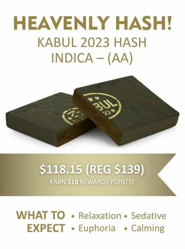 Heavenly Hash Kabul 2023 Hash Indica (AA) cannabis concentrate, pressed hash slab with pricing and effects listed on neutral background.