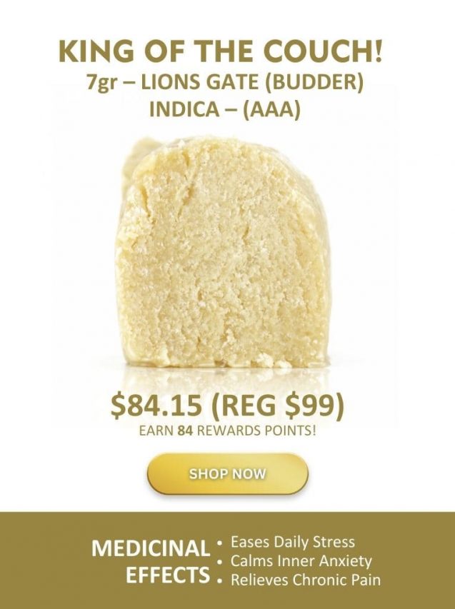 King of the Couch Lions Gate budder cannabis extract product image showing pale yellow creamy texture with pricing and strain details displayed