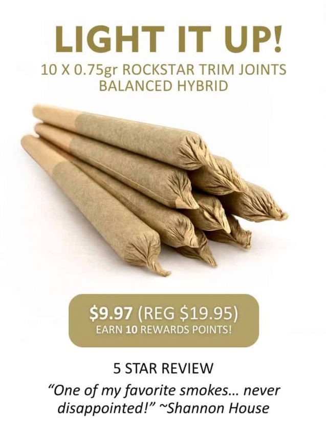 Pre-roll joints bundle labeled “Light It Up!” with pricing and rewards points offer displayed on a clean promotional banner.