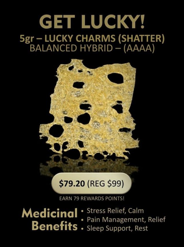 Promotional graphic for Get Lucky shatter featuring golden cannabis extract with pricing, strain details, and listed medicinal benefits on a dark background.