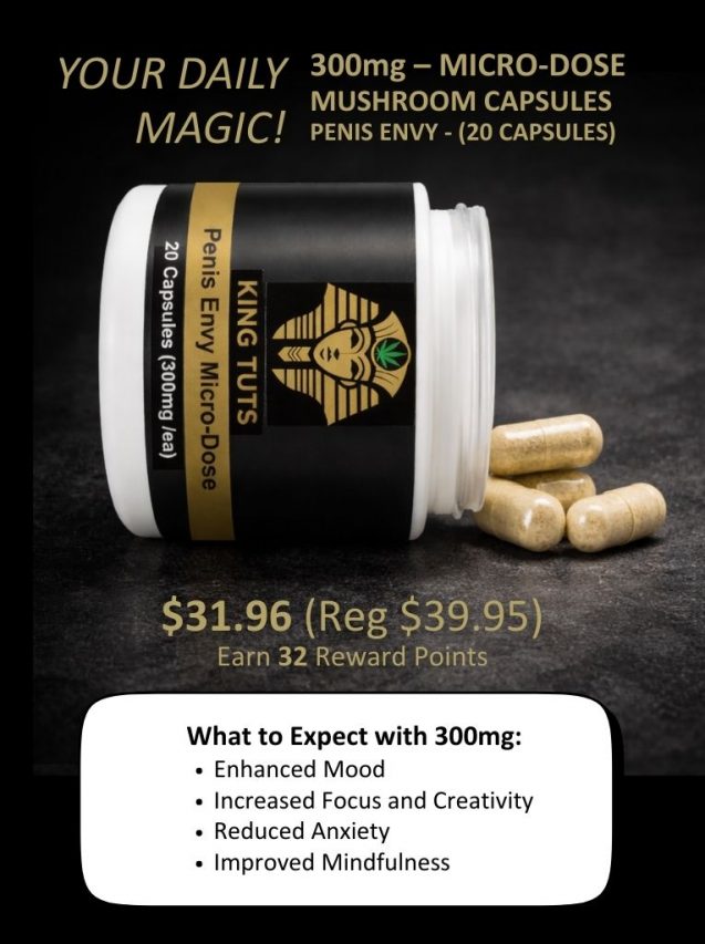 300mg Micro Dose mushroom capsules supplement bottle with capsules spilled out and daily microdosing benefits listed.