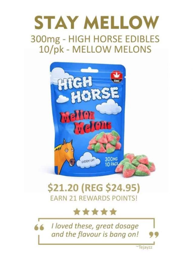 Promotional image of High Horse Stay Mellow THC gummies showing a candy pouch labeled 300mg THC horse edibles with mellow melon flavour, priced at $21.20 regular $24.95, alongside melon gummies and descriptive product text.