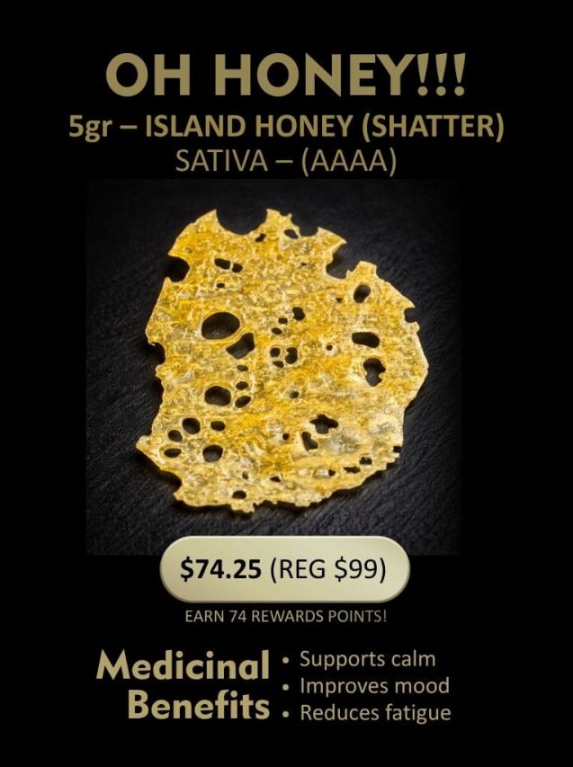King Tuts “Oh Honey!!” shatter product featuring 5g of sativa AAAA cannabis extract with pricing and rewards points offer displayed.