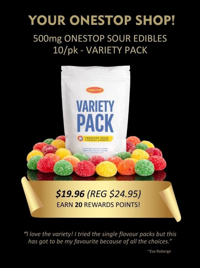500mg THC variety pack cannabis gummies promotion featuring mixed fruit edibles, 10-pack with $19.95 sale price.