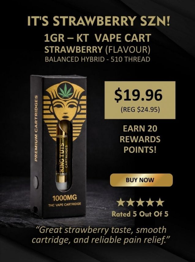 King Tuts Strawberry SZN vape cartridge promotion banner featuring 1g strawberry flavour vape cart with discounted pricing and product packaging displayed