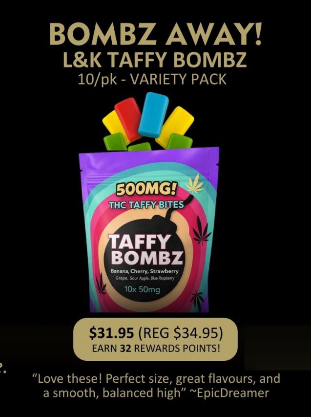 Taffy Bombz cannabis gummies by Bombz Away in assorted flavors displayed with packaging, THC dosage, pricing, and customer favourite badge.