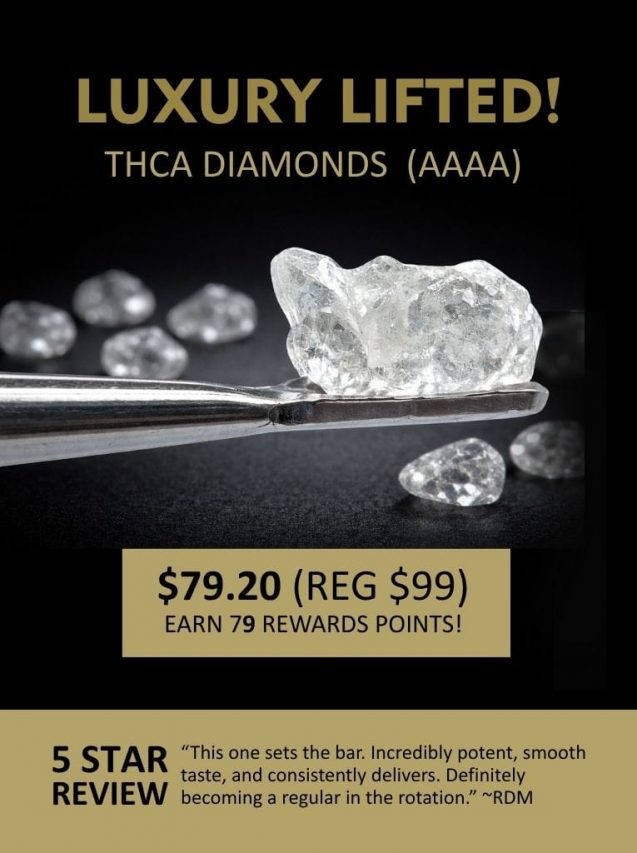 Promotional banner for luxury THC diamonds featuring “Luxury Lifted” headline, pricing, and emphasis on high potency and premium quality extract.