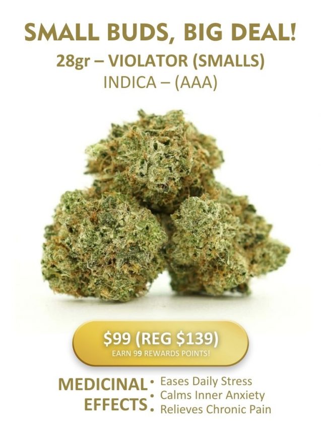 Small Buds Big Deal cannabis promotion featuring 28g Smalls Indica flower with 99 reward points offer.